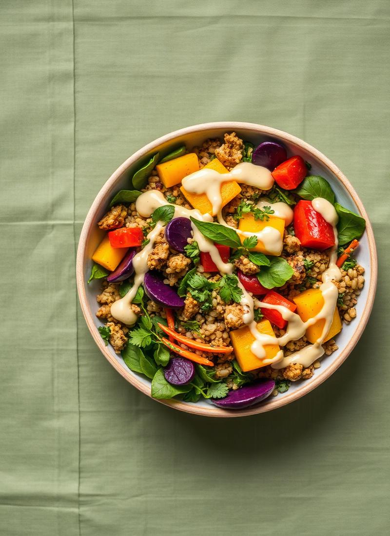 Vibrant grain bowl with roasted vegetables